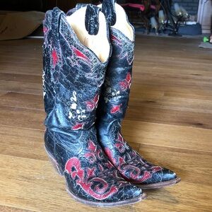 Corral Women's Black Leather Western Boots with Red cut outs size 10